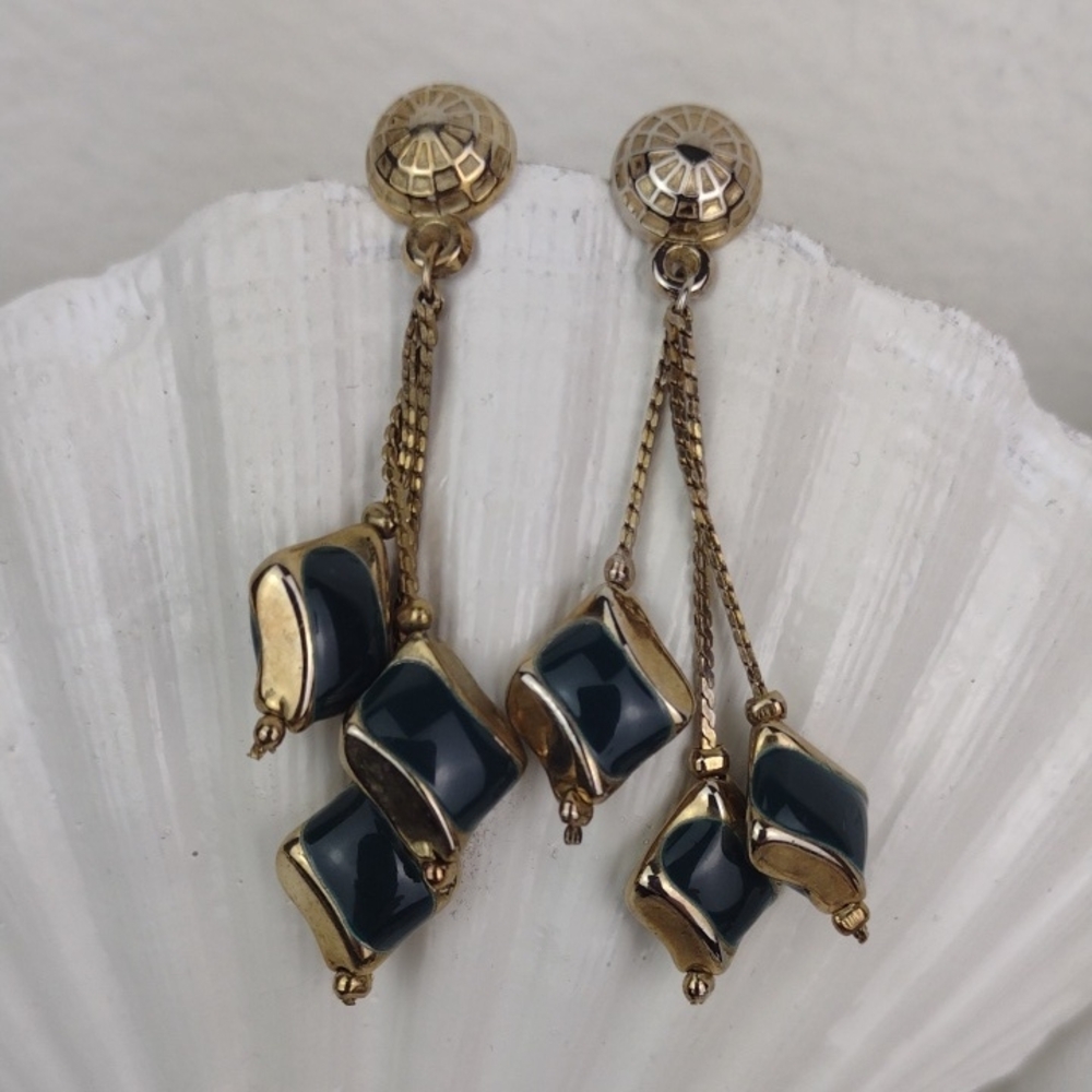 Vintage Gold-Tone Serpentine Fringe & Dark Teal Drop Earrings Very Cool!